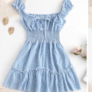 Smocked Printed Sleveless Aline Light Blue Dress